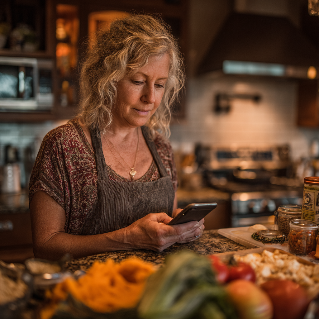 Жінка 52 років дивиться на персоналізоване меню у мобільному додатку plavendirn на кухні