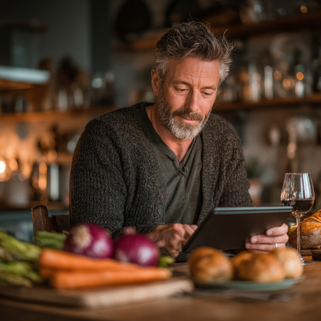 Чоловік 55 років обирає цілі харчування на планшеті, сидячи за кухонним столом