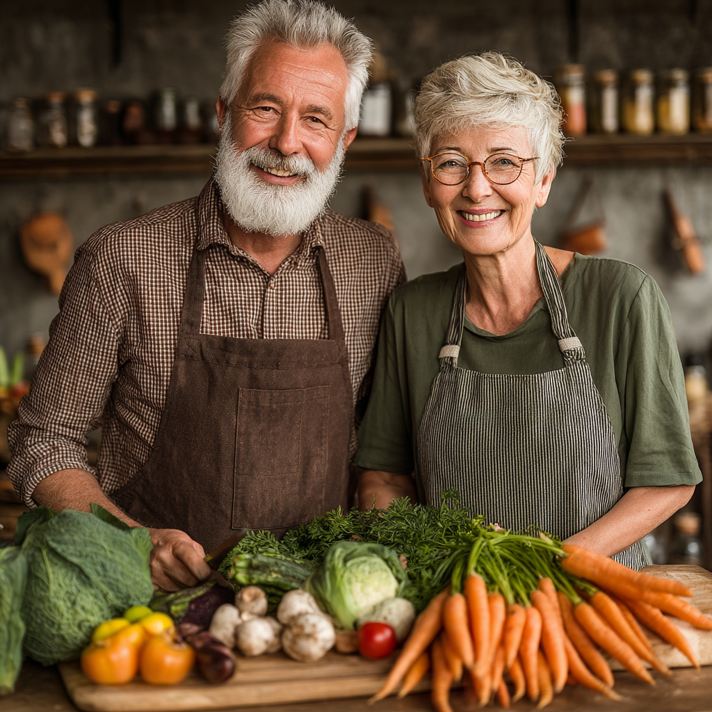 Пара 58 та 61 року готують здорову їжу разом на кухні, посміхаючись та тримаючи свіжі овочі
